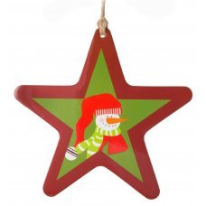 Χριστουγεννιάτικο Κρεμαστό Αστέρι, με Χιονάνθρωπο και Κόκκινο Σκούφο (12cm)